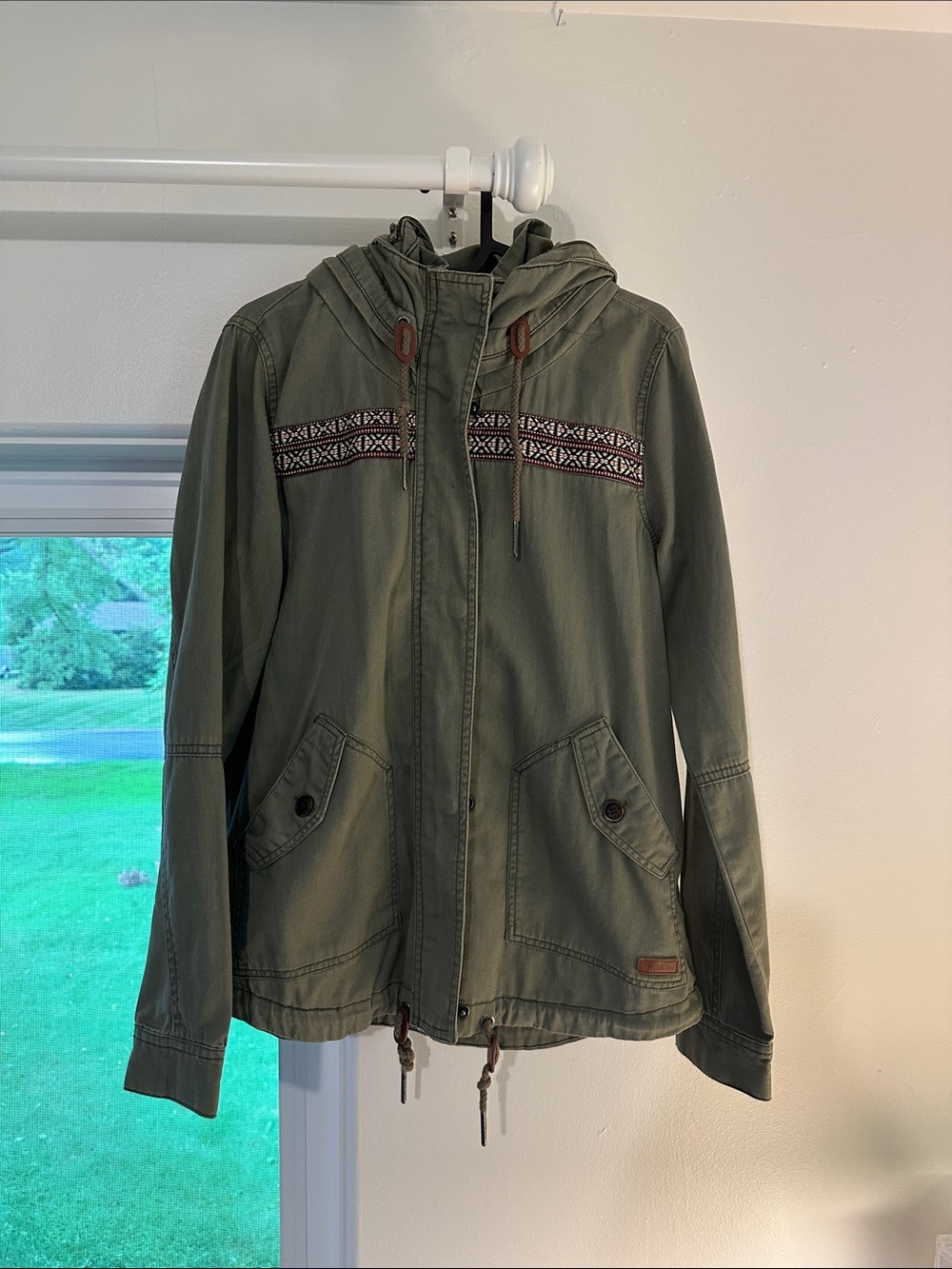 Roxy Olive Green Hooded Utility Jacket with Patterned Chest Trim